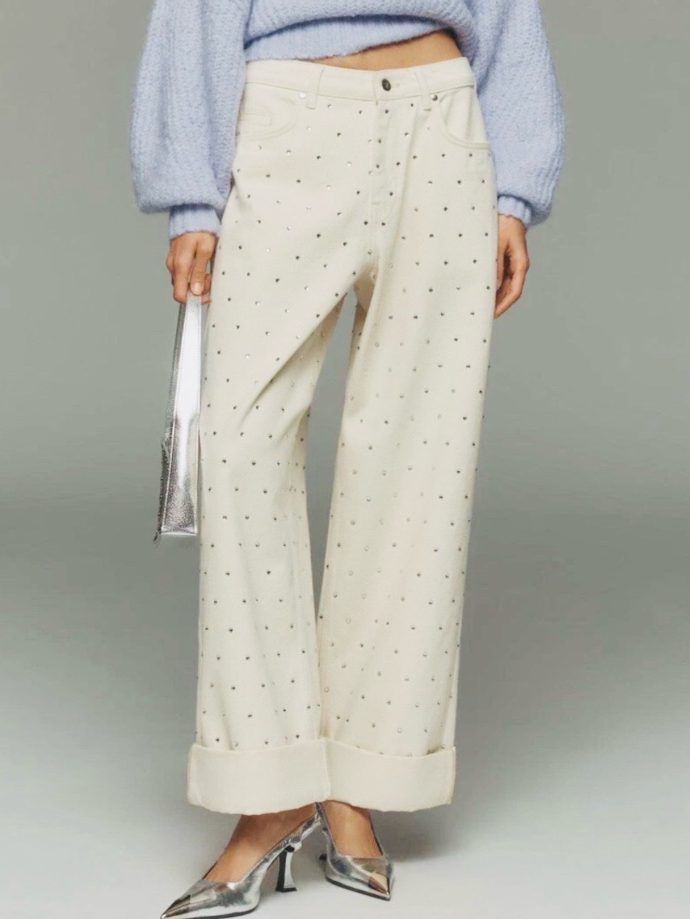 Anthropologie Pilcro Sparkle Relaxed Cuff Jeans Cream Rhinestone Embellished 26